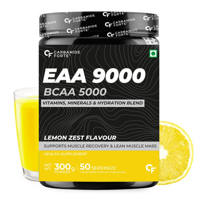 Carbamide Forte EAA 9000mg Supplement with BCAA 5000mg | EAA Supplement for Men & Women with Hydration Blend & Vitamins - Lemon Zest Flavour - 50 Servings - 300g Powder