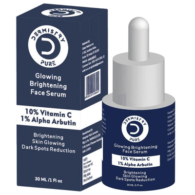 Dermistry Pure 10% Vitamin C 1% Alpha Arbutin Skin Lightening Brightening Glowing Fairness Face Serum Removes Dull Skin Pigmentation Dark Spots Corrects Radiance Repair Sun Damage 30ml