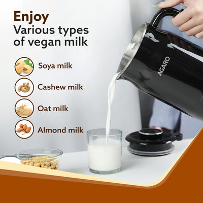 AGARO Regency Automatic Nut Milk Maker, Vegan Milk Machine, Make Vegan Milk From Nuts, Almonds, Soya, Oats etc, Boil Water, Juice, Cereals, Stainless Steel Body, 600ml, Black