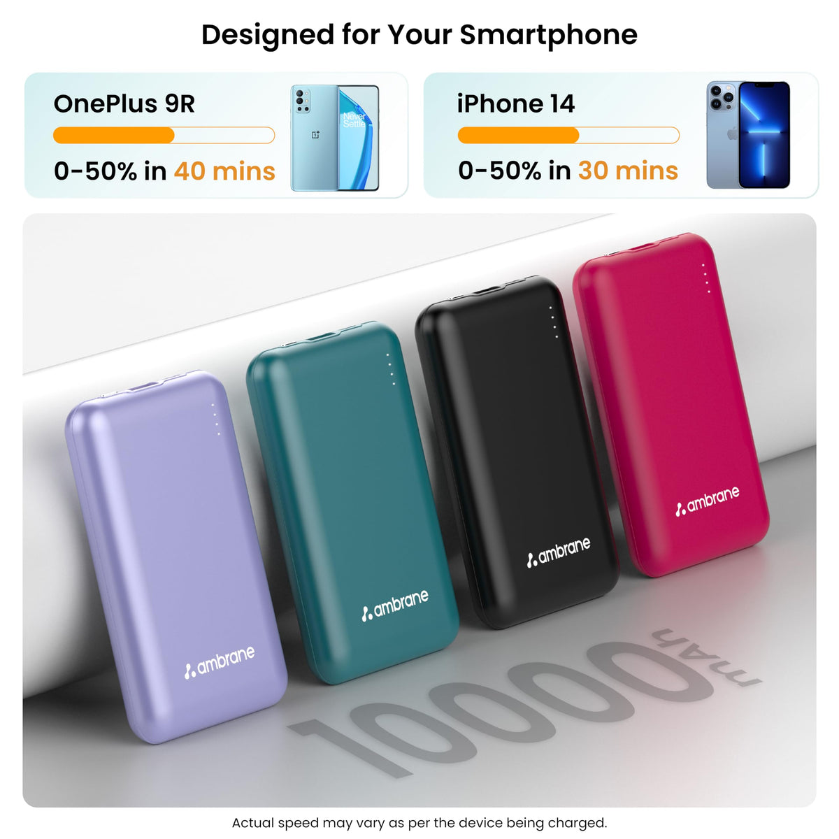 Ambrane 10000mAh Slimmest & Compact (Pocket/Bag Friendly) Powerbank, 22.5W Fast Charging, USB & Type C Output, Power Delivery, Quick Charge for iPhone, Android & Other Devices (Powerlit, Maroon)