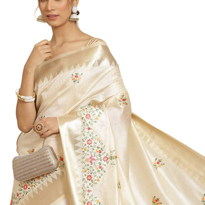 arriva fab Women's Kasavu Cotton Blend Saree With Blouse Piece (Riva1698__White)