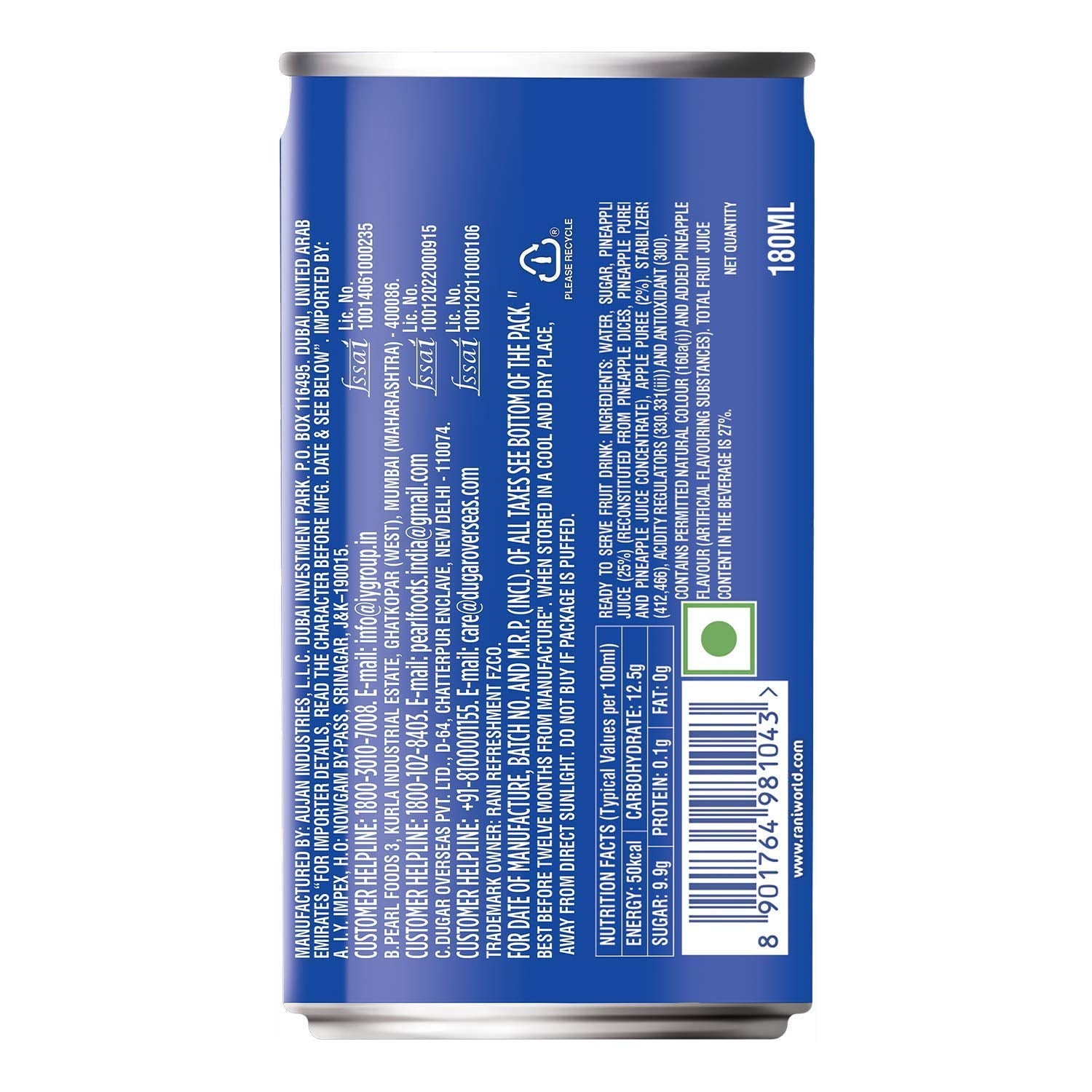 Rani Float - Pineapple - Can - Pack of 6 X 180 Ml, Vegetarian