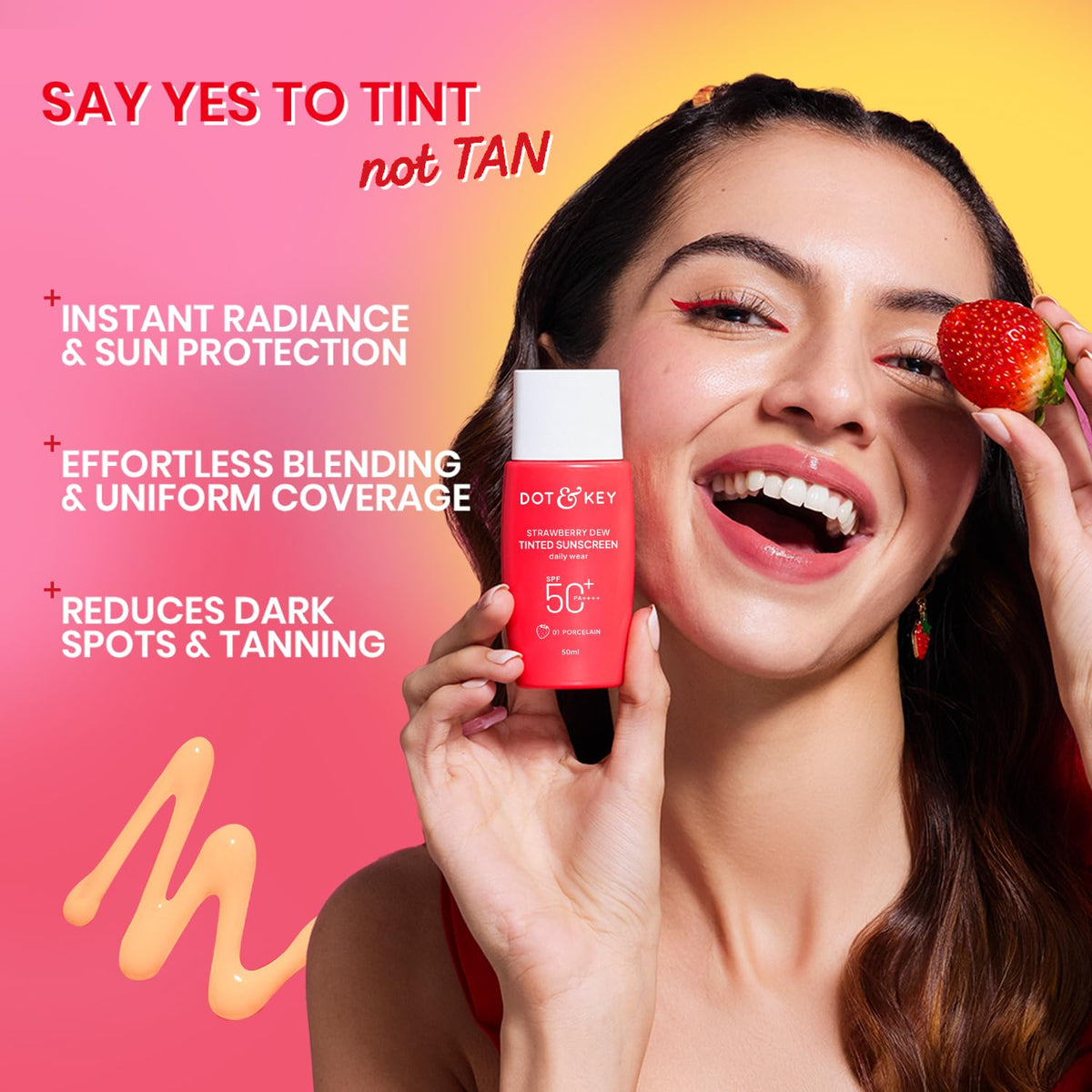 Dot & Key Strawberry Dew Tinted Sunscreen SPF 50+ Pa++++ - 01 Porcelain In- Vivo Tested | Protection Against UVA & UVB | Broad Spectrum, Water & Sweat resistant | For All Skin Types | 50ml