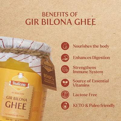 Indicow Organic Dairy Foods Pure Authentic A2 Gir cow Ghee | Bilona Curd-Churned, Cruelty-Free, Ayurvedic| Grass Fed Cows (1000ml(1ltr), Gir) | Glass Packaging