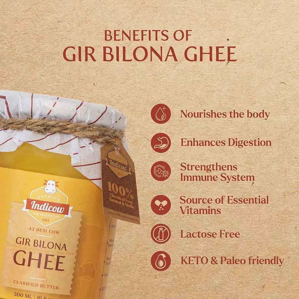 Indicow Organic Dairy Foods Pure Authentic A2 Gir cow Ghee | Bilona Curd-Churned, Cruelty-Free, Ayurvedic| Grass Fed Cows (1000ml(1ltr), Gir) | Glass Packaging