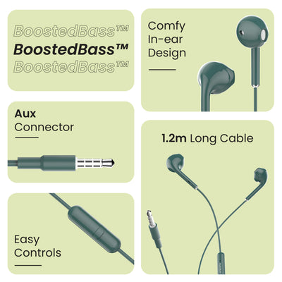 Ambrane Wired in Ear Earphones with in-line Mic for Clear Calling, 14mm Dynamic Drivers for BoostedBass, 3.5mm Jack, Multi-Functional Controller (Stringz 38 Lite, Green)