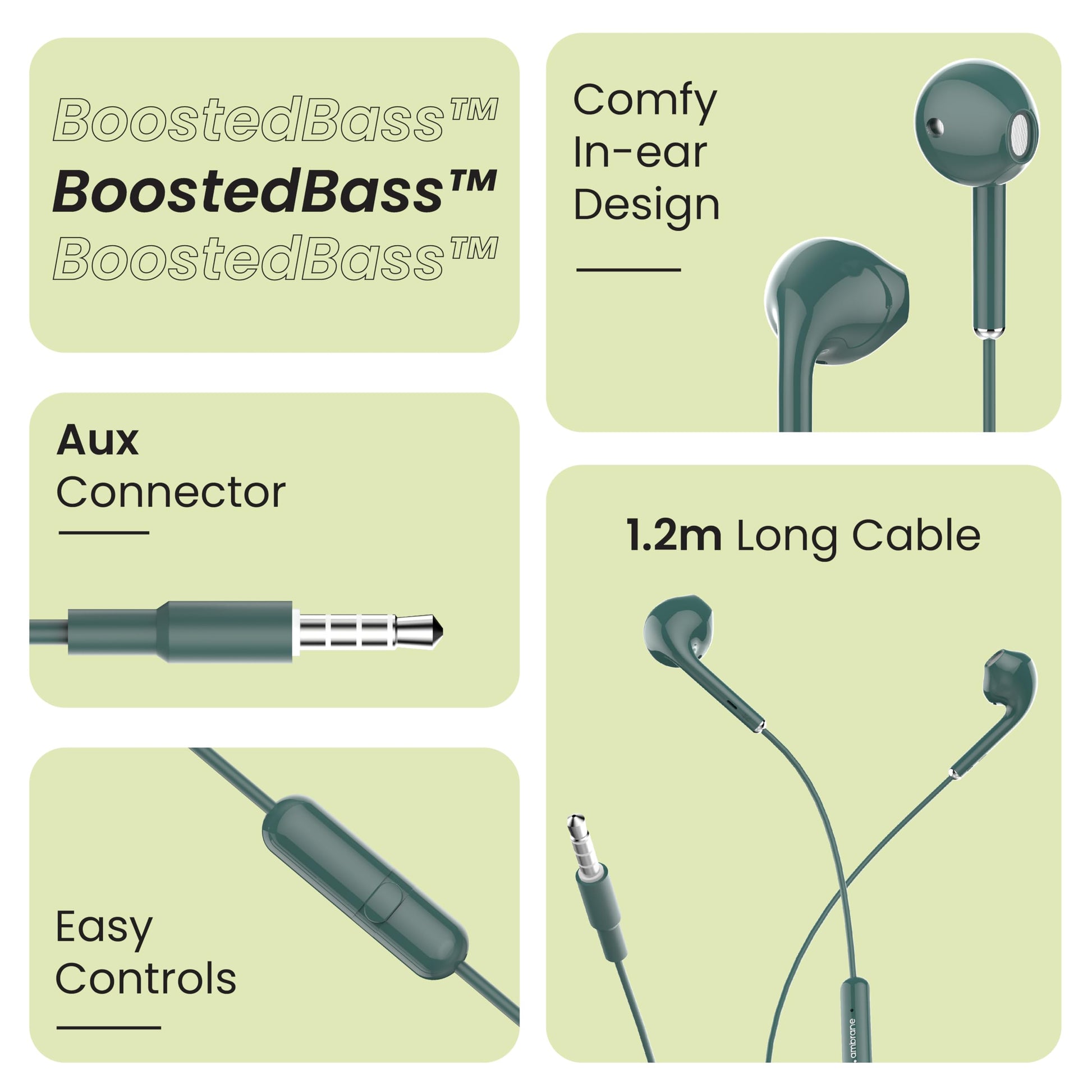 Ambrane Wired in Ear Earphones with in-line Mic for Clear Calling, 14mm Dynamic Drivers for BoostedBass, 3.5mm Jack, Multi-Functional Controller (Stringz 38 Lite, Green)