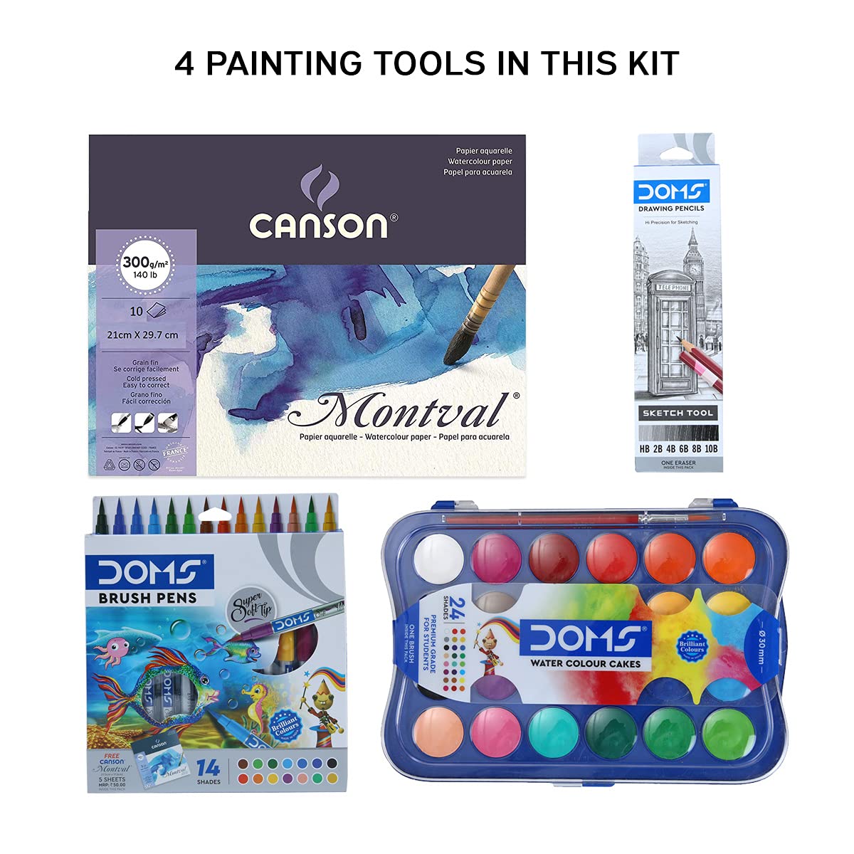 Doms Brush Pen Set | Color Medley Art Kit | 24 Shades Watercolor Cakes | Brush Pen | Drawing Pencil | Watercolor Paper 300 GSM Painting Smart Kit