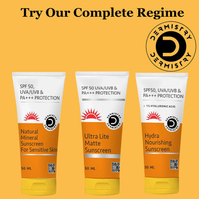 Dermistry Natural Mineral Based Oil Free Pollution Protect Water Based Sunscreen SPF 50 For Sensitive Skin, UVA UVB PA+++ Protection Water Resistant Men Women Children & Kids - 50ml