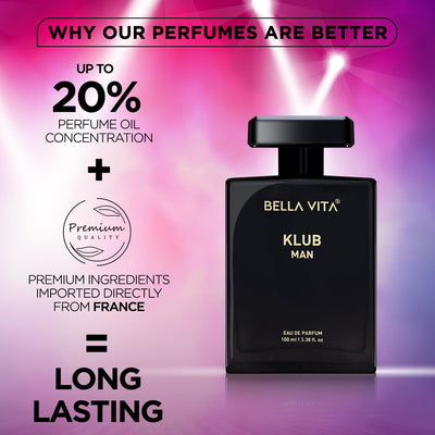 Bella Vita Luxury KLUB Man Eau De Parfum Perfume with Lemon, Rose, Patchouli, Vanilla|Premium, Long Lasting Citrusy Aromatic Fragrance for Men, 100 ML
