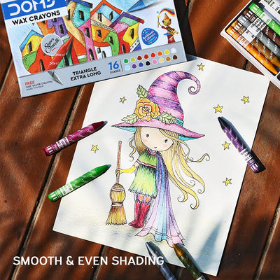 Doms Non- Toxic Triangle Extra Long Wax Crayons Set In Cardboard Box - 12+1 Assorted Shades
