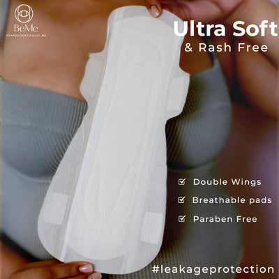 Be Me - 12 Sanitary Pads For Women, Rash Free, Ultra-Thin, Leak Proof, Biodegradable, Certified Napkins, LARGE for Medium Flow (Pack of 12) With White Disposable Pouch