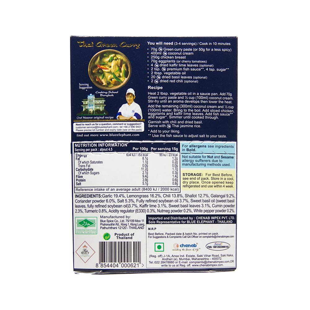 4x Blue Elephant Green Curry Paste 70g each - Pack of 4