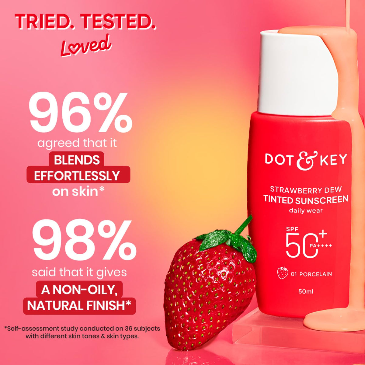 Dot & Key Strawberry Dew Tinted Sunscreen SPF 50+ Pa++++ - 01 Porcelain In- Vivo Tested | Protection Against UVA & UVB | Broad Spectrum, Water & Sweat resistant | For All Skin Types | 50ml