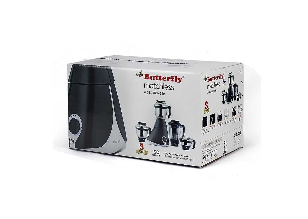 Butterfly Matchless 750-Watt Mixer Grinder with 4 Jars (Grey and White) - (Indian Plug)