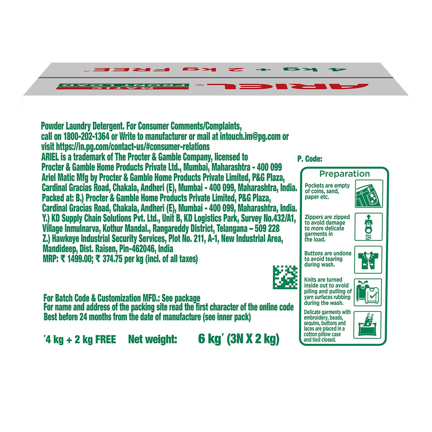 Ariel Matic Front Load Detergent Washing Powder – 4 Kg+2 KG free