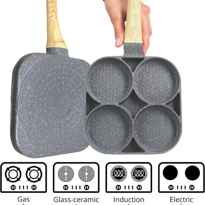Cazuela 4 Cups Egg Pan Omelette Pan Frying Pan Egg Frying Pan 4 Cup Crepe Pan Granite Egg Cooker Breakfast Pancakes Pan Suitable for Gas Stove & Induction Cookware (Wood Grain Handle)