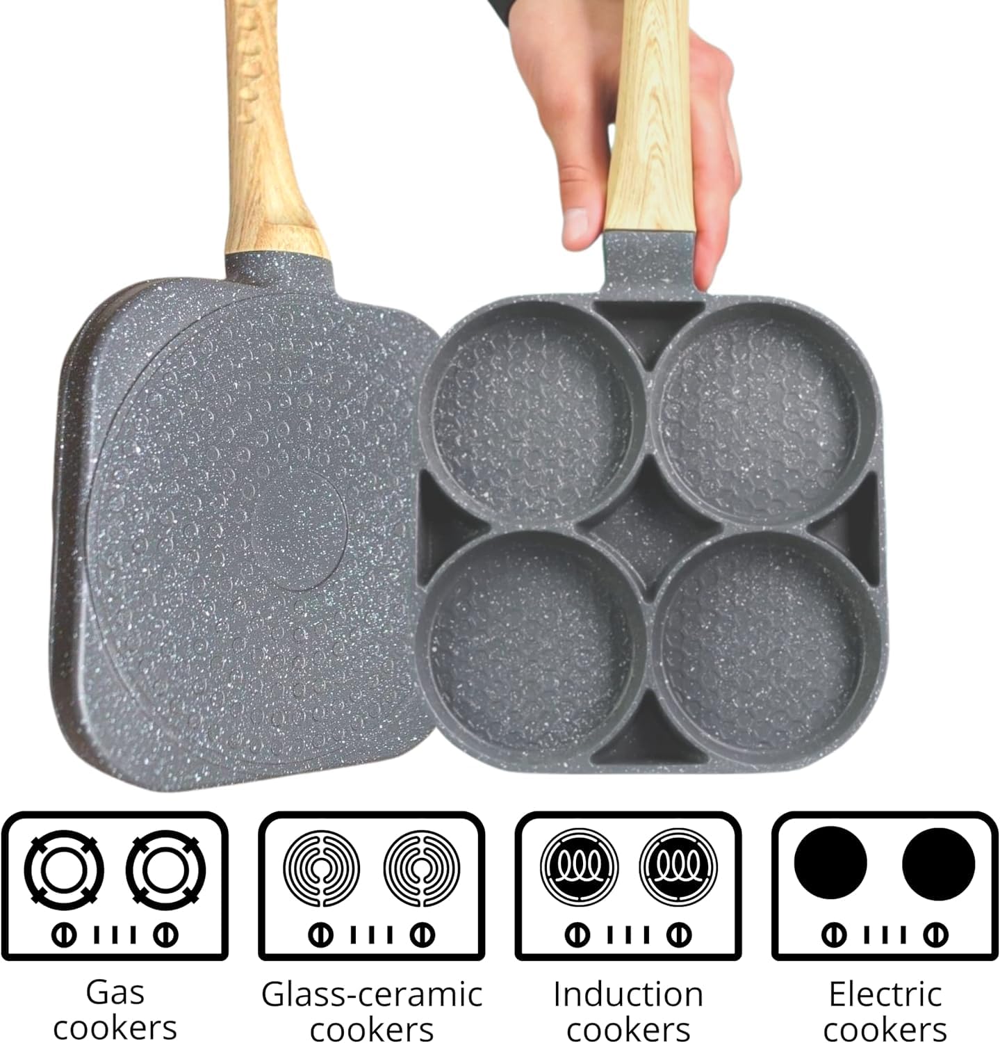 Cazuela 4 Cups Egg Pan Omelette Pan Frying Pan Egg Frying Pan 4 Cup Crepe Pan Granite Egg Cooker Breakfast Pancakes Pan Suitable for Gas Stove & Induction Cookware (Wood Grain Handle)