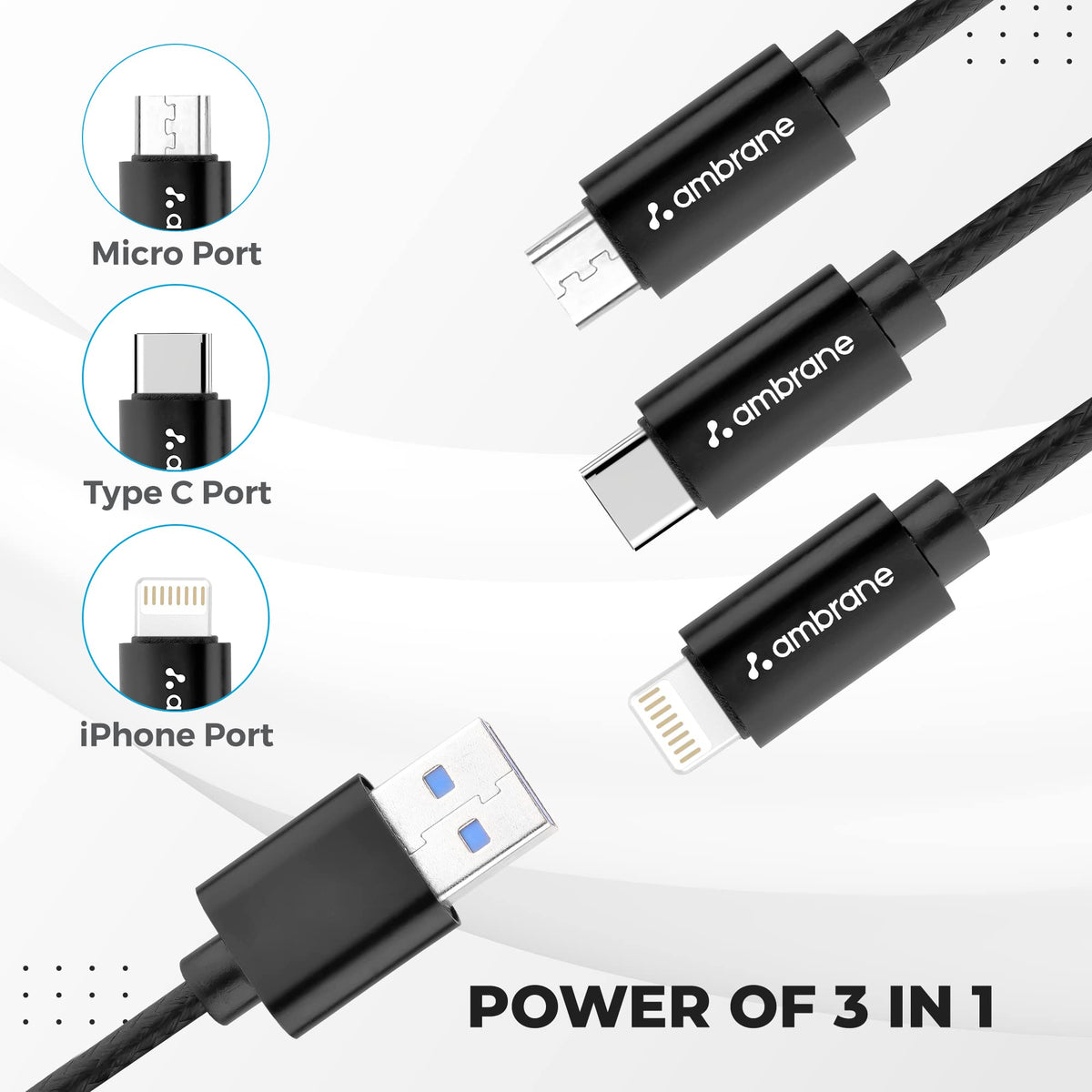 Ambrane Unbreakable 3 in 1 Fast Charging Braided Multipurpose Cable for Speaker with 2.1 A Speed - 1.25 meter, Black (Pack of 2)