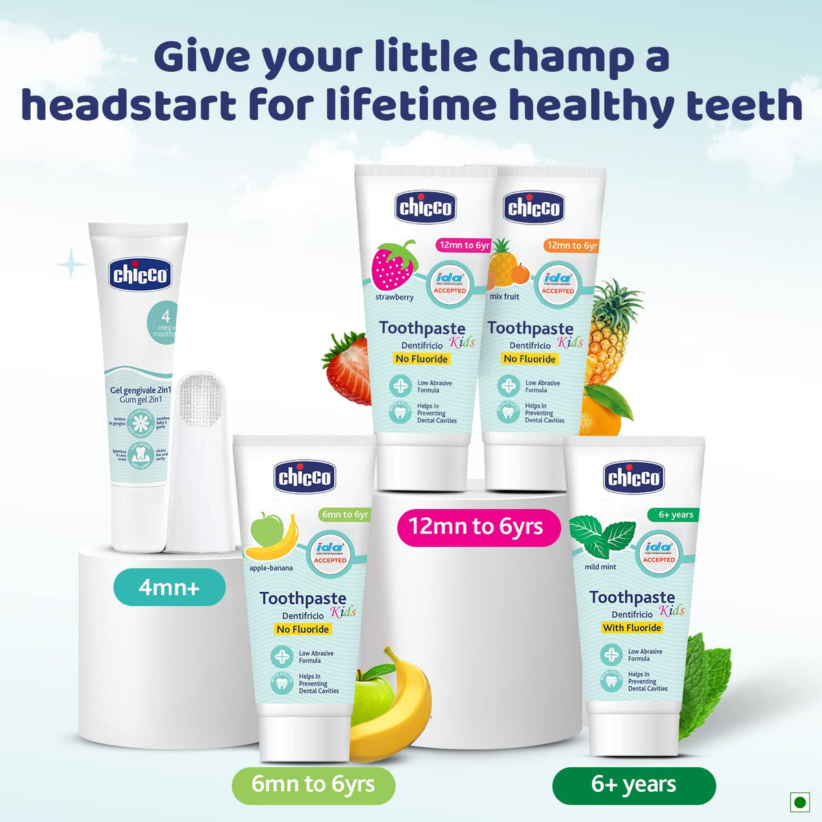 4x Chicco Toothpaste, Strawberry Flavour for 1Y to 6Y Baby, Fluoride-Free, Preservative-Free,Cavity Protection (50g each) - Pack of 4