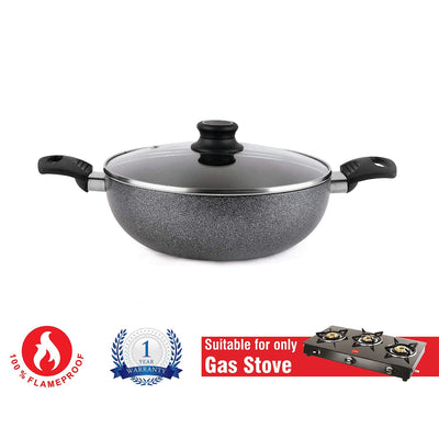 Cello Non Stick Hammered Tone Kadhai with Glass Lid 2.5 LTR, Black & Grey, Aluminium