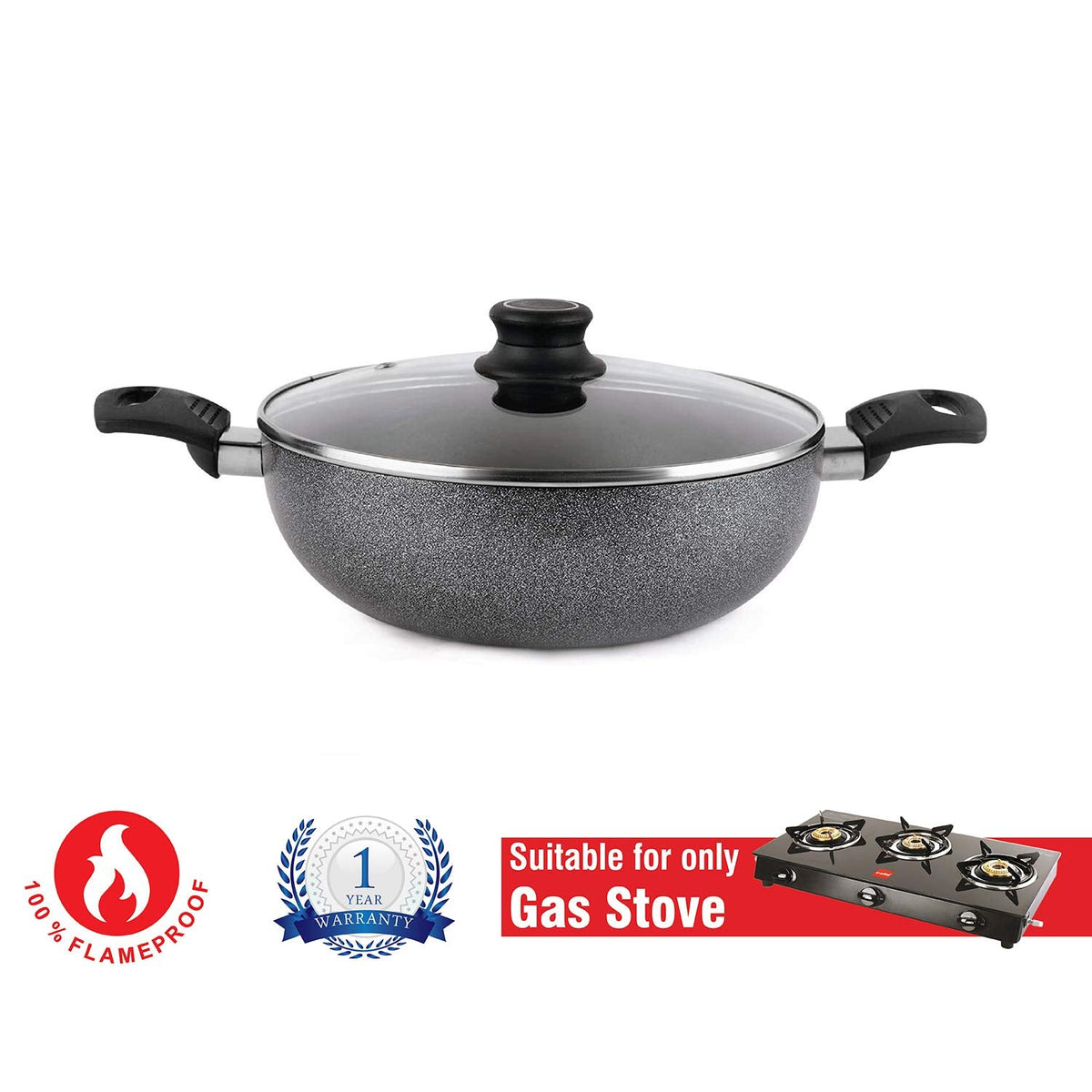 Cello Non Stick Hammered Tone Kadhai with Glass Lid 2.5 LTR, Black & Grey, Aluminium