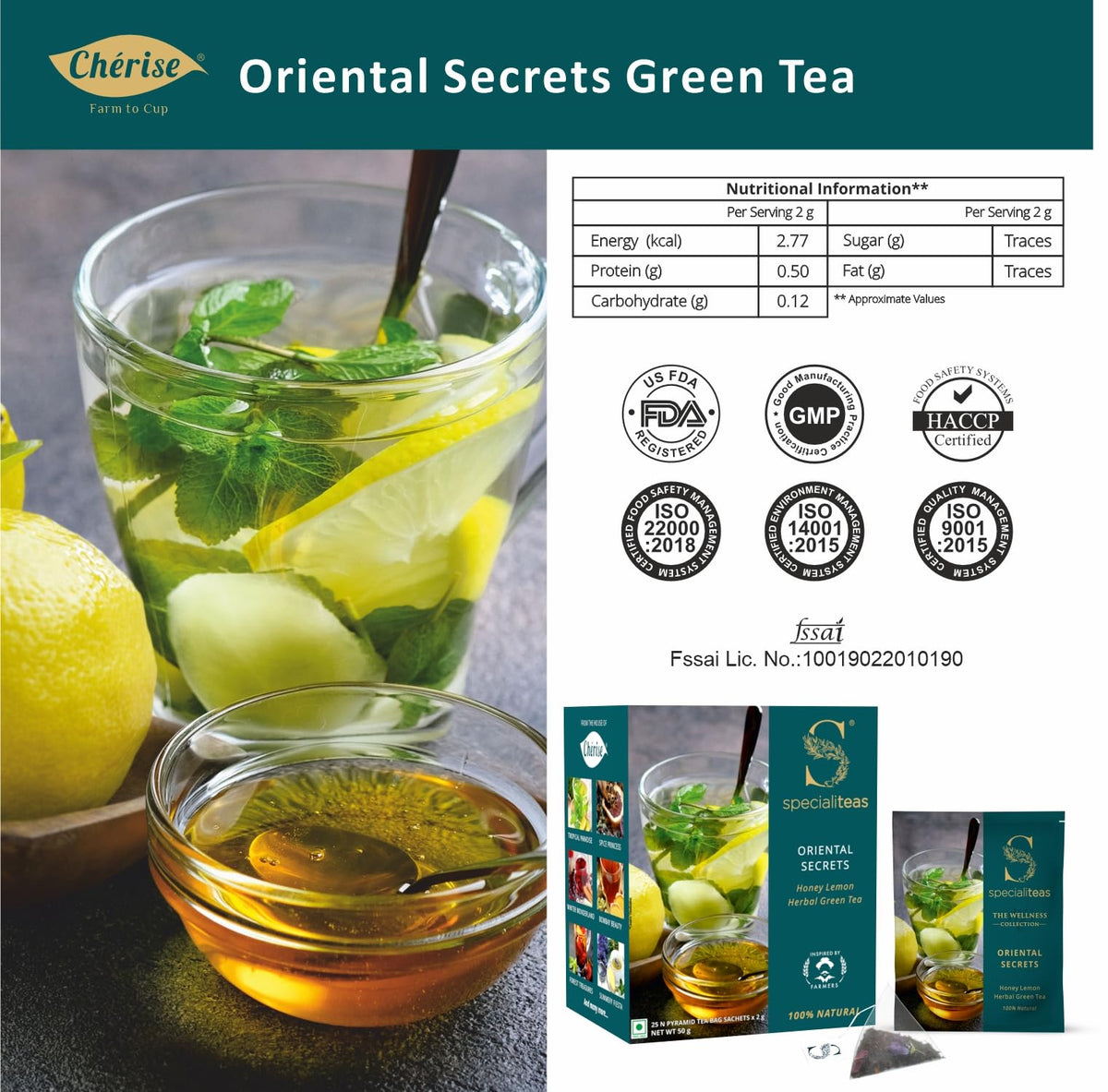 Cherise Specialiteas Oriental Secrets Honey Lemon Herbal Green Tea (2 g x 25 Pyramid Tea Bags)