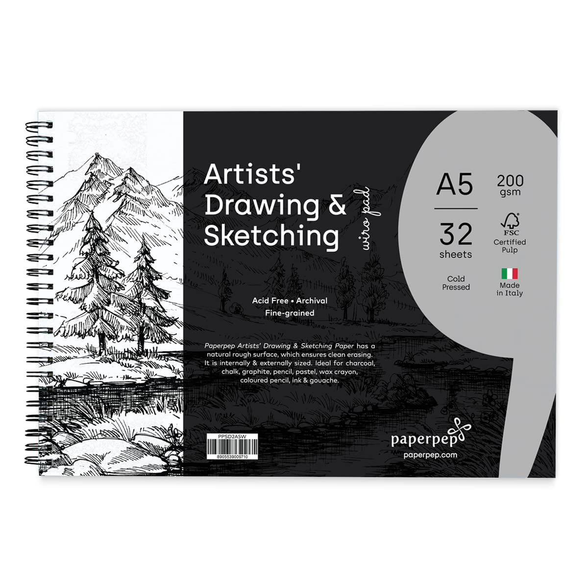 PaperPep Artists' Sketching & Drawing Wiro Pads 200GSM A5 Pack of 32 Sheets
