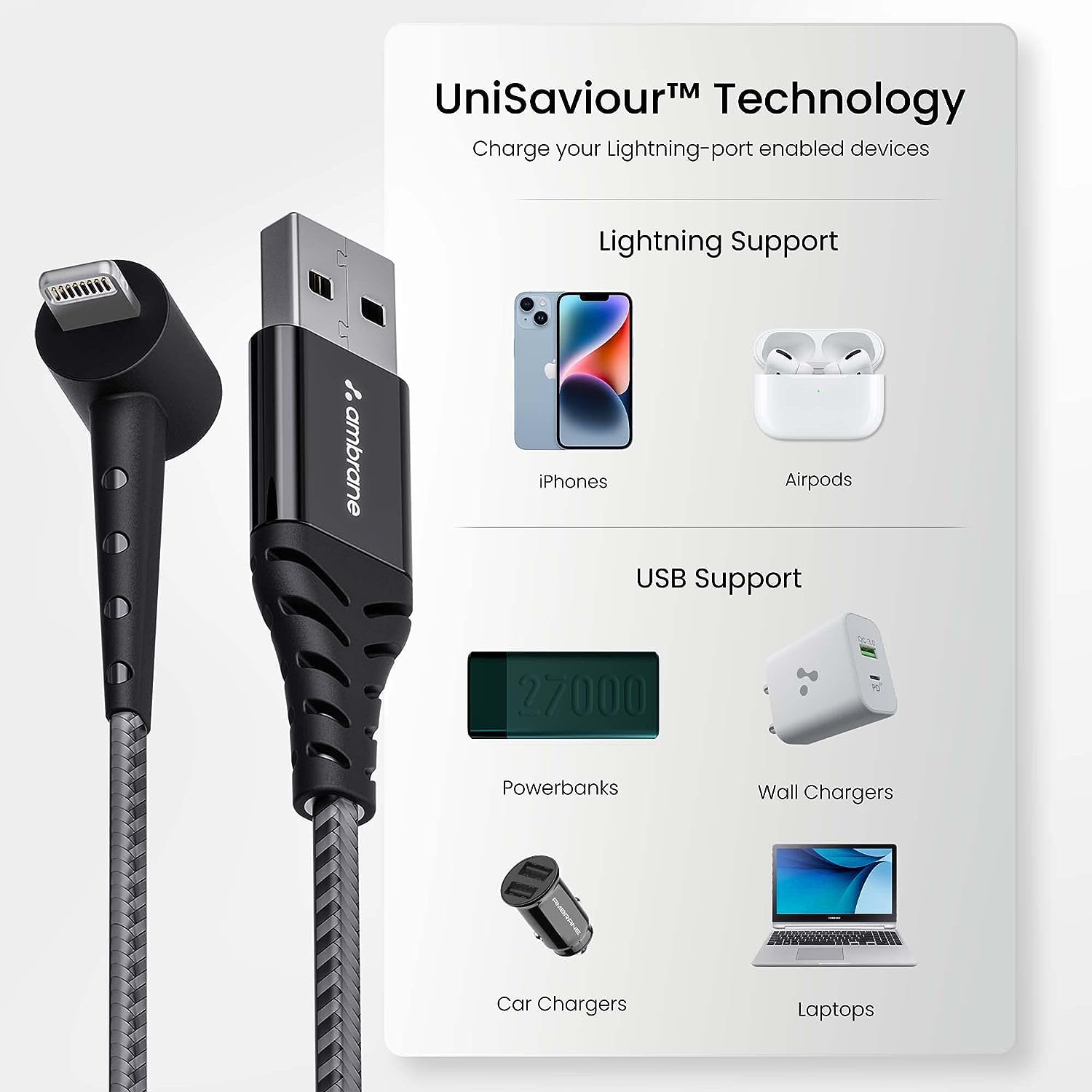 Ambrane Lightning Standing cable, 12W Fast Charging, Perfect for Holding Mobile while Charging/Binge-Watching & 480 Mbps Data Sync Cable for iPhone, iPad, AirPods - 1.5m (ABSL-15 Black)