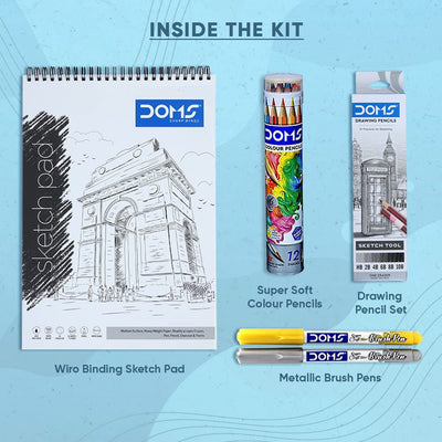 DOMS Sketching Smart Kit Mega Gift Pack | Sketching Set for Kids | Best for School, College & Office | Sketching Pencil Set, Colour Pencils, Sketch Pad, DOMS Brush Pen | DOMS Stationery