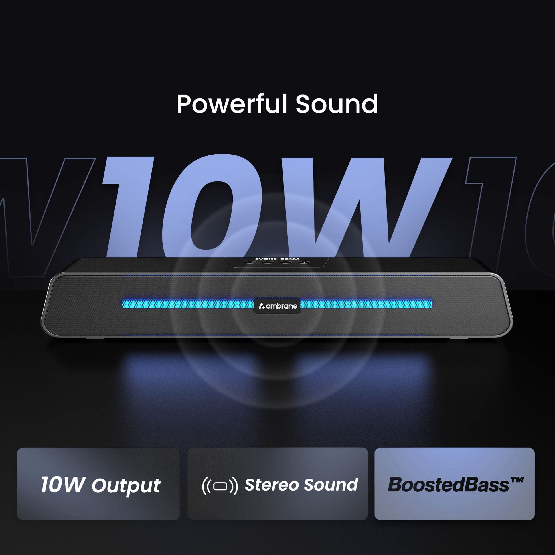 Ambrane 10W Wireless Bluetooth Soundbar with 8Hrs Playtime, BoostedBass, Immersive Sound, 51mm Driver, RGB Glow Lights, Portable Design, Integrated Music & Call Control (Evoke Beam, Black)