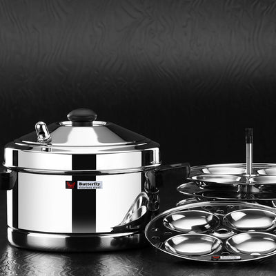 Butterfly Stainless Steel Idli Cooker, Idly Maker Set with 4 Plates, 16 Idlies, Silver, Standard, 4 Liters
