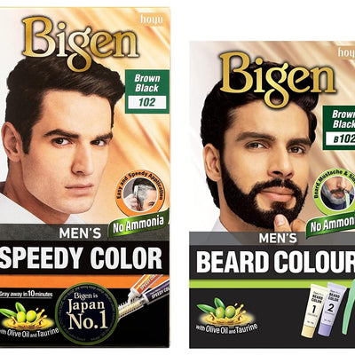 Bigen Men's Beard Color, Brownish Black B102, 40g & Bigen Men's Speedy Color, Brown Black 102, 80g