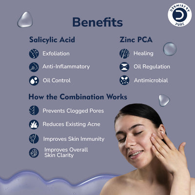 Dermistry Pure 2% Salicylic Acid 2% Zinc Face Serum for Oily Acne Prone Skin Removal Blackheads Whiteheads Pimples Scar Marks Healing Redness Dark Spots Removes Excess Sebum Oil Control UV Protection 30ml
