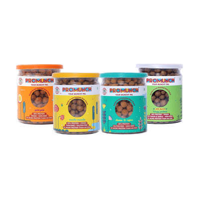 PROMUNCH Roasted Soya Snack - Combo of 4 Packs, Flavour: Cheese&Onion,Peri-Peri,Noodle Masala & Tangy Pudina, 150 g Each