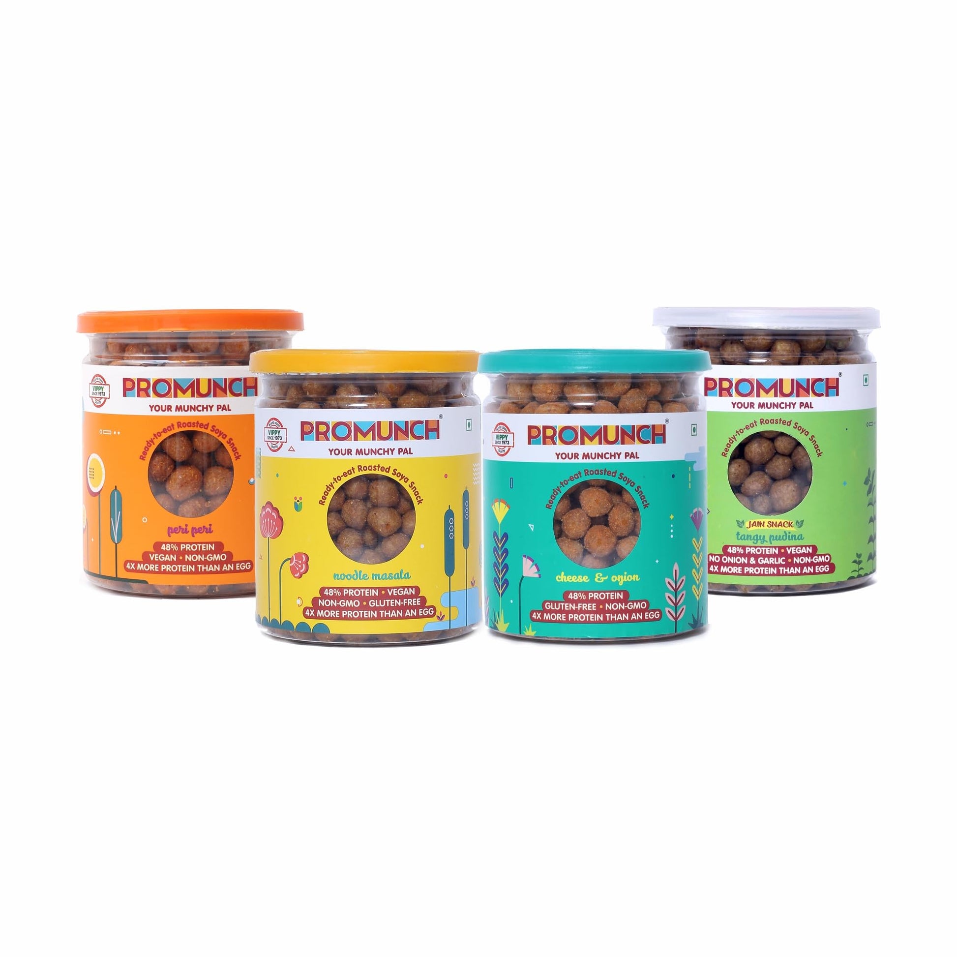 PROMUNCH Roasted Soya Snack - Combo of 4 Packs, Flavour: Cheese&Onion,Peri-Peri,Noodle Masala & Tangy Pudina, 150 g Each
