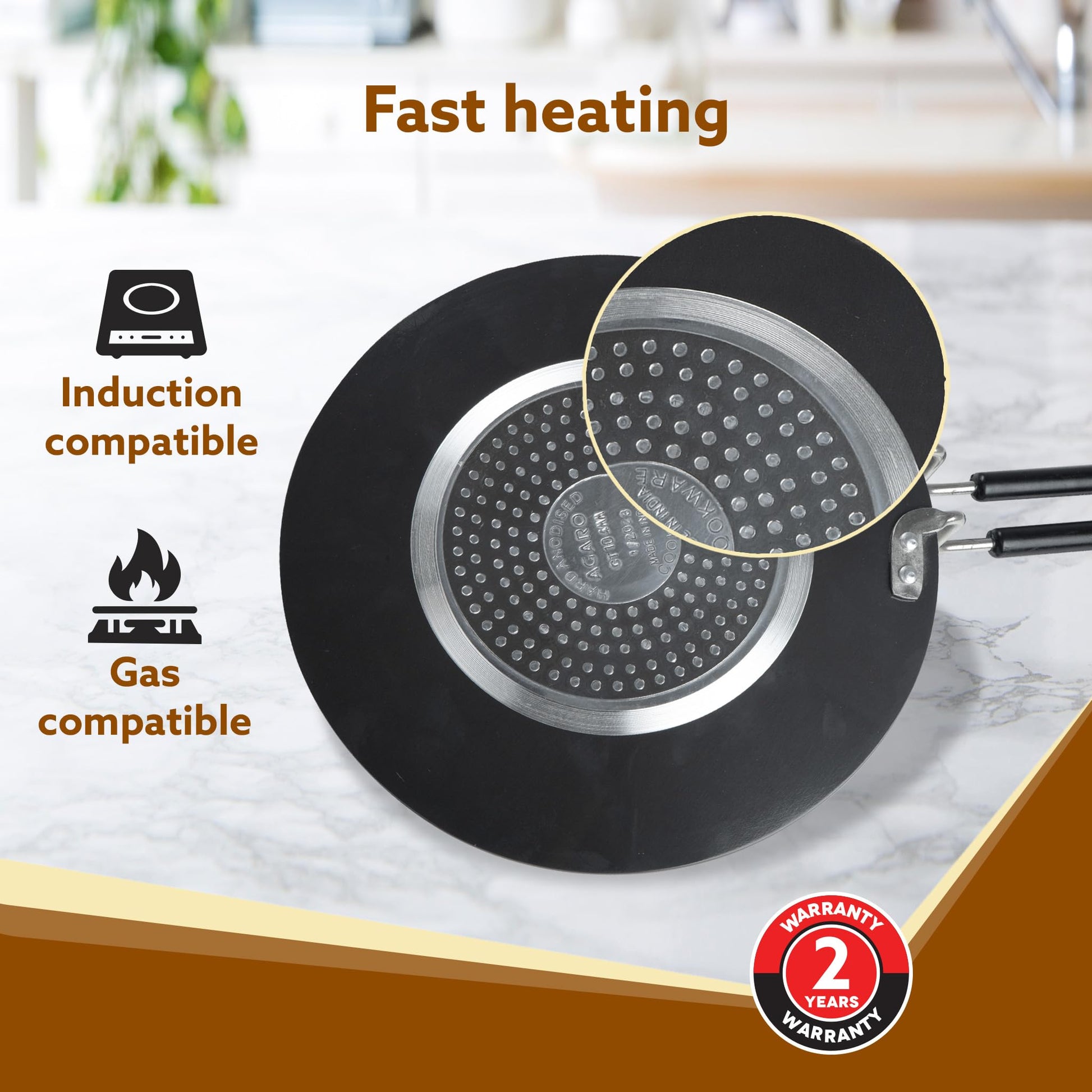 AGARO Elite Hard Anodised Tawa for Kitchen, 28 cm Diameter Tawa for Roti, Chapati, Paratha, Riveted Handle, 4 mm Thick Base for Uniform Heating, Gas & Induction Oven Compatible, Cooking, Cookware