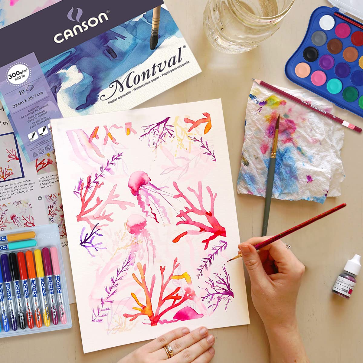 Doms Brush Pen Set | Color Medley Art Kit | 24 Shades Watercolor Cakes | Brush Pen | Drawing Pencil | Watercolor Paper 300 GSM Painting Smart Kit