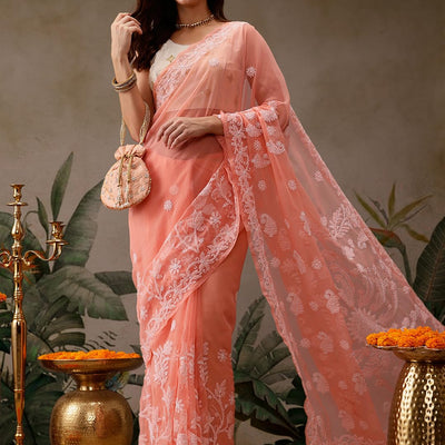 Ada Latest Chikan Peach Georgette Fancy Saree Blouse With Designer Embroidered Motifs A130092