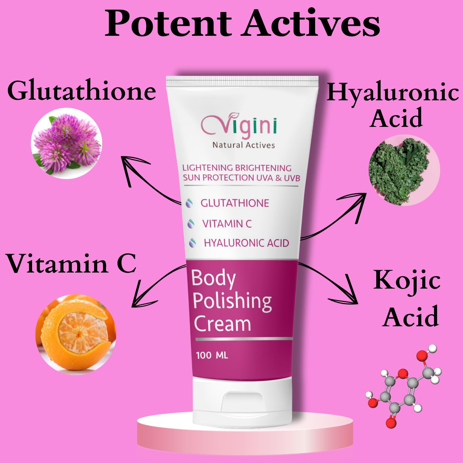 Vigini Skin Whitening Lightening Brightening Scrub Moisturizer Full Body Radiance Cream, Tan Pigmentation Removal, Glutathione Hyaluronic Acid Vitamin C Scrub Cream, Underarms Women Men - 100ml