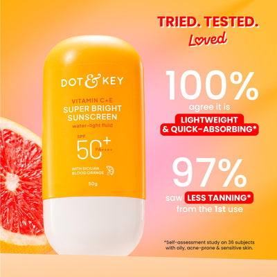 DOT & KEY Vitamin C + E Super Bright Sunscreen Spf 50 In-Vivo Tested | Water-Light,UVA/UVB & Blue Light Protection|For Even Toned & Glowing Skin|With Liquid Spf 50+++| No White Cast| For All Skin Types | 30G