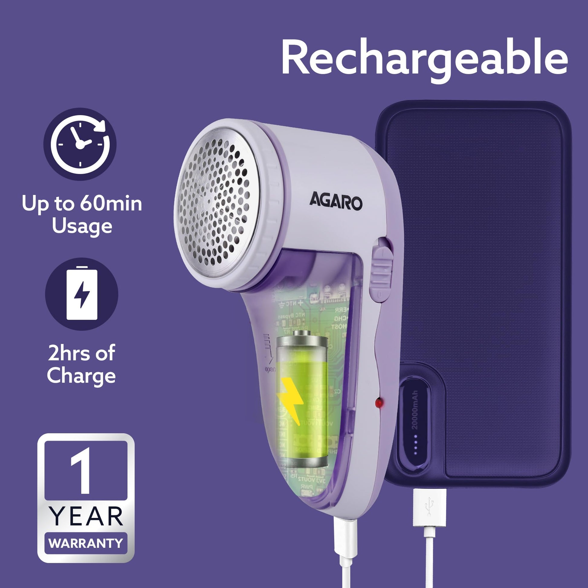 AGARO 2419 Lint Remover, Electric Fabric Shaver, Rechargeable, Stainless Steel Blades, Portable, Multi-Functional Fuzz Remover from Woollen Sweaters, Coat, Blankets, Jackets, Carpets, Burr Remover