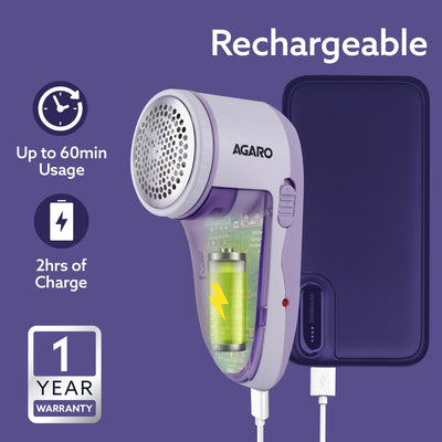 AGARO 2419 Lint Remover, Electric Fabric Shaver, Rechargeable, Stainless Steel Blades, Portable, Multi-Functional Fuzz Remover from Woollen Sweaters, Coat, Blankets, Jackets, Carpets, Burr Remover