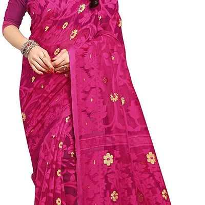 Aishwarya Sarees Women's Jamdani Jute Cotton Saree With Blouse Piece (AS - SOFT DHAKAI NEW -1_Pink)