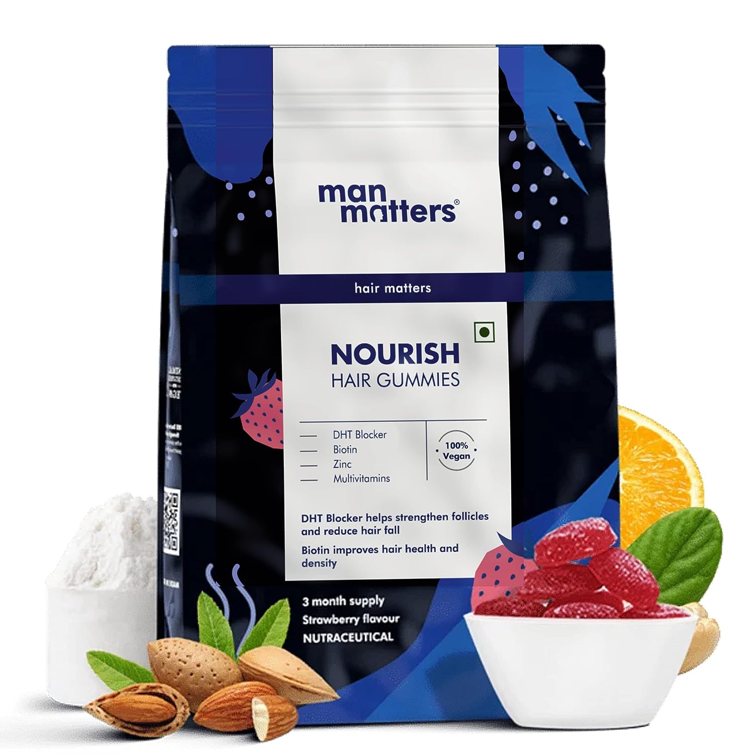 Man Matters DHT Blocker Biotin Gummies for Hair & Beard 90 Day Pack Effectively Blocks DHT With Biotin Vitamin A, C, E & Zinc For Healthy & Strong Hair Strawberry Flavored 100% Vegetarian