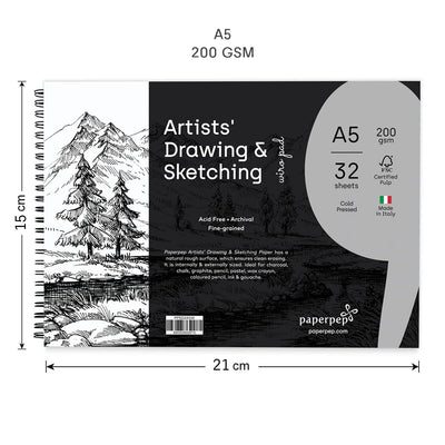 PaperPep Artists' Sketching & Drawing Wiro Pads 200GSM A5 Pack of 32 Sheets