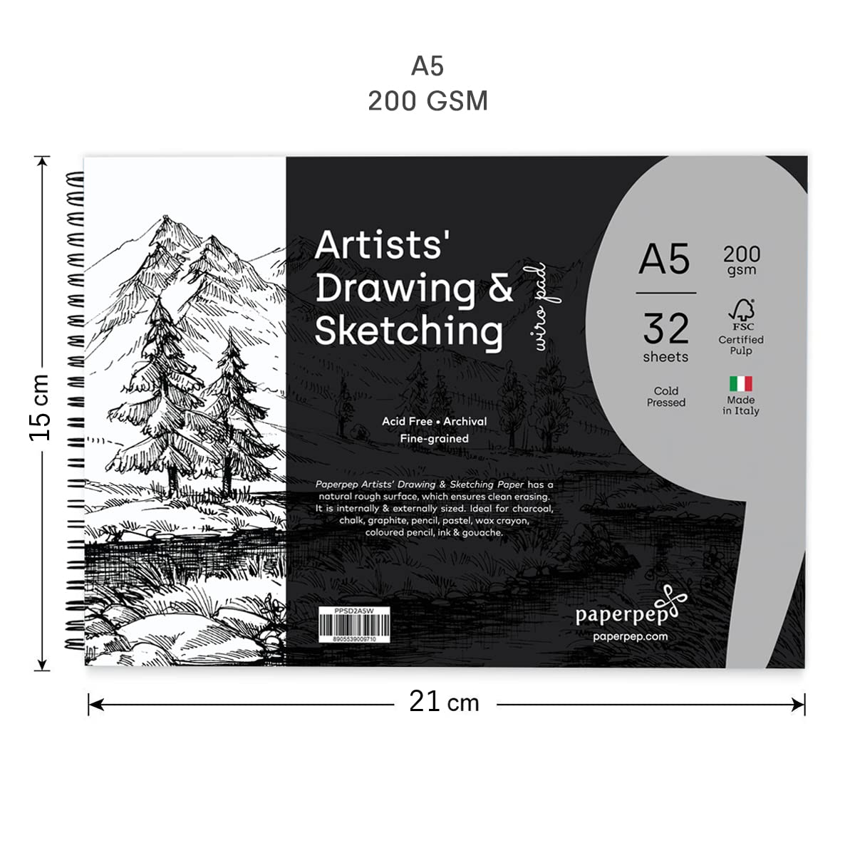 PaperPep Artists' Sketching & Drawing Wiro Pads 200GSM A5 Pack of 32 Sheets