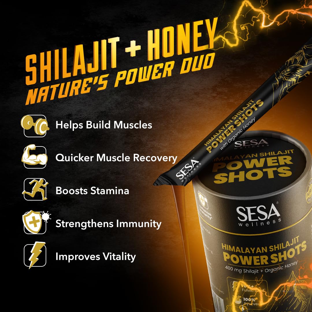 Sesa Himalayan Shilajit Power Shots | 30 Sticks | 400mg Pure Shilajit with Organic Honey | Lab Certified, 70%+ Fulvic Acid | Boosts Energy, Stamina & Immunity | 100% Ayurvedic | No Sugar Adulteration & Additives