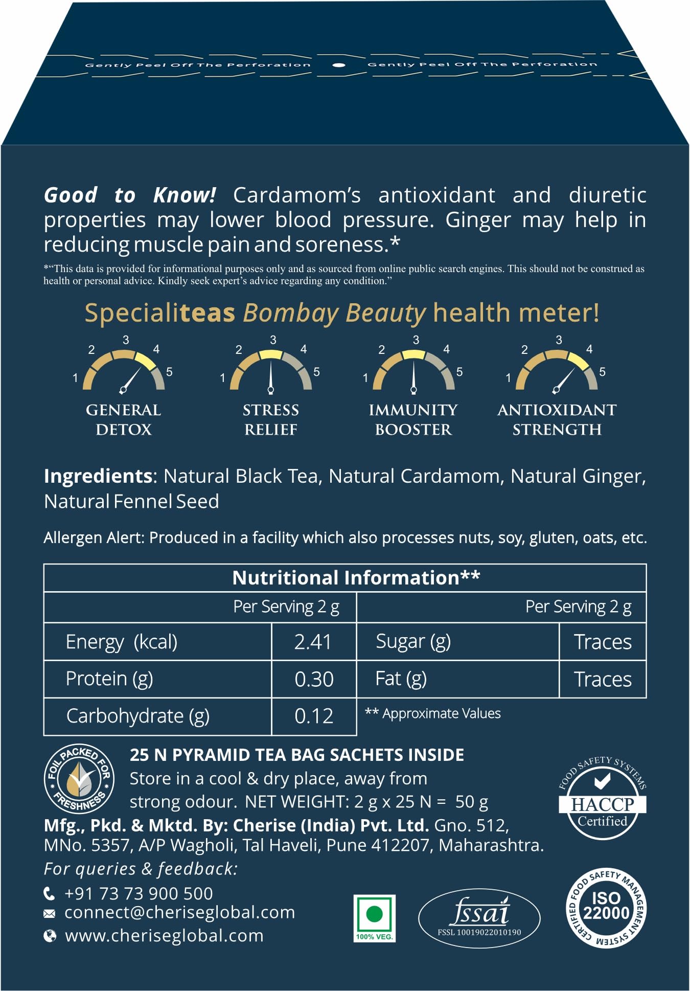 Cherise Specialiteas Bombay Beauty Cardamom Ginger Herbal Black Tea (2 g x 25 Pyramid Tea Bags)
