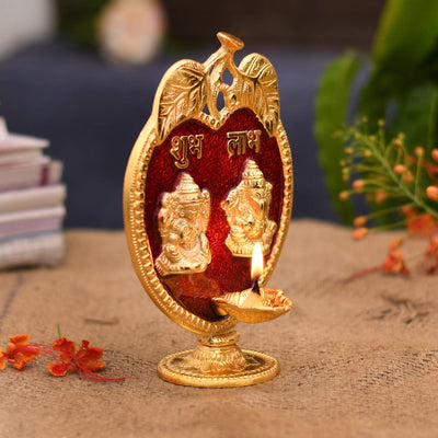 Collectible India Laxmi Ganesha Diya Idol Statue- Brass Gold Finish Diya Oil Lamp Ganesh Lakshmi Showpiece Shubh Labh Home Office Decor Pujan Puja Diwali Decoration (Golden)